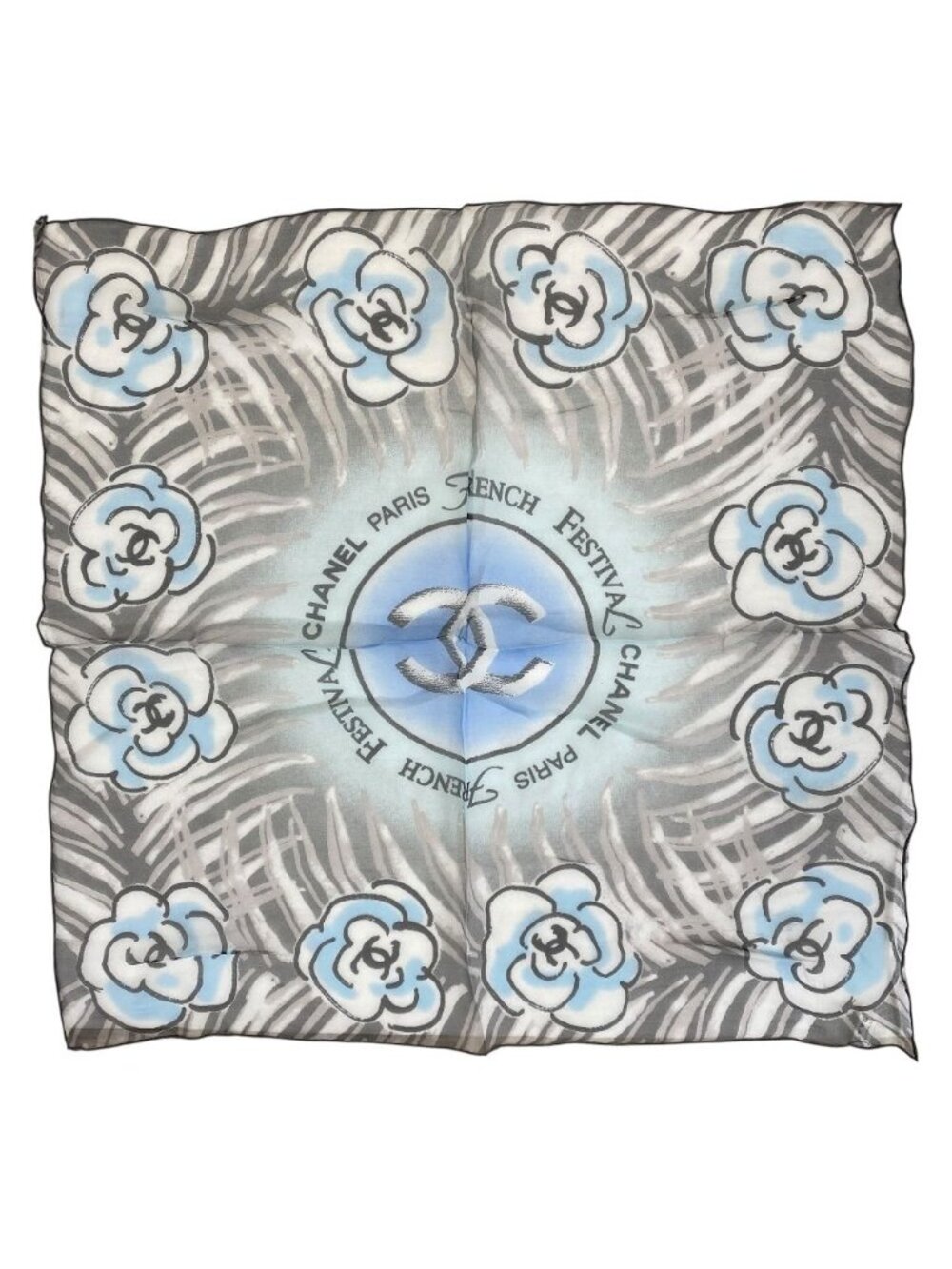 Chanel French Festival Limited Chiffon Scarf CC Logo Camellia Silk Blue Gray